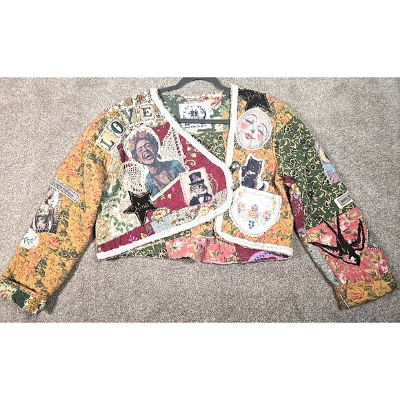 OOAK Magnolia Boho Quilted Jacket Frida Cat Bird Gypsy Moon Stars Vtg INDIE sz M - Picture 1 of 16